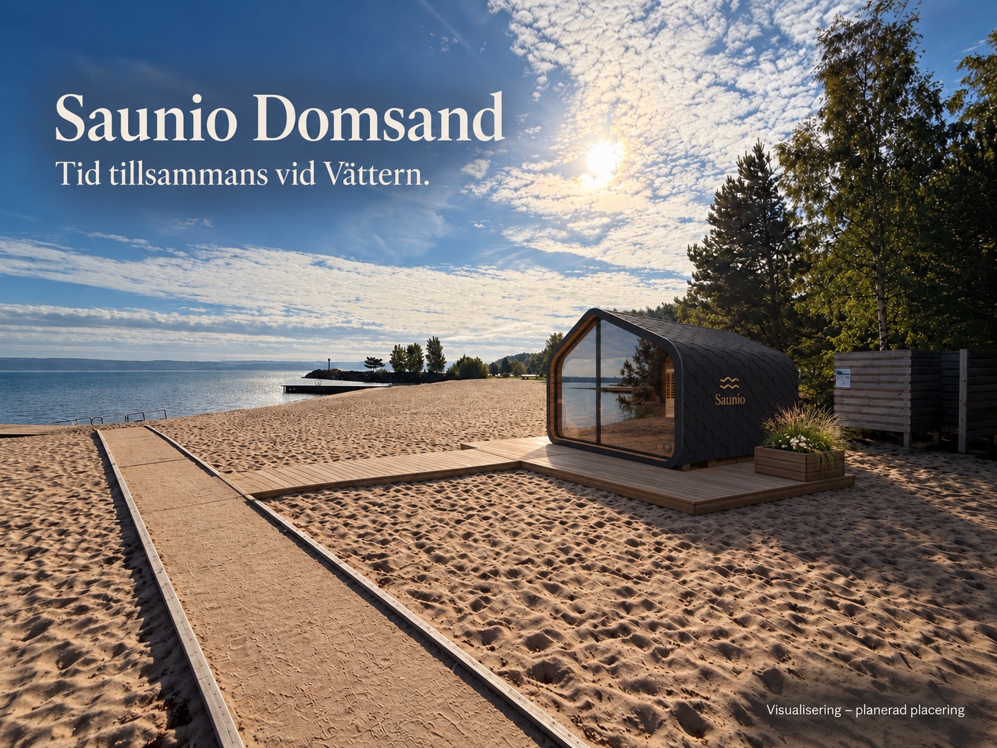 Visualisering av Saunio Domsand i Habo vid Vättern med bastu och trädäck – planerad placering